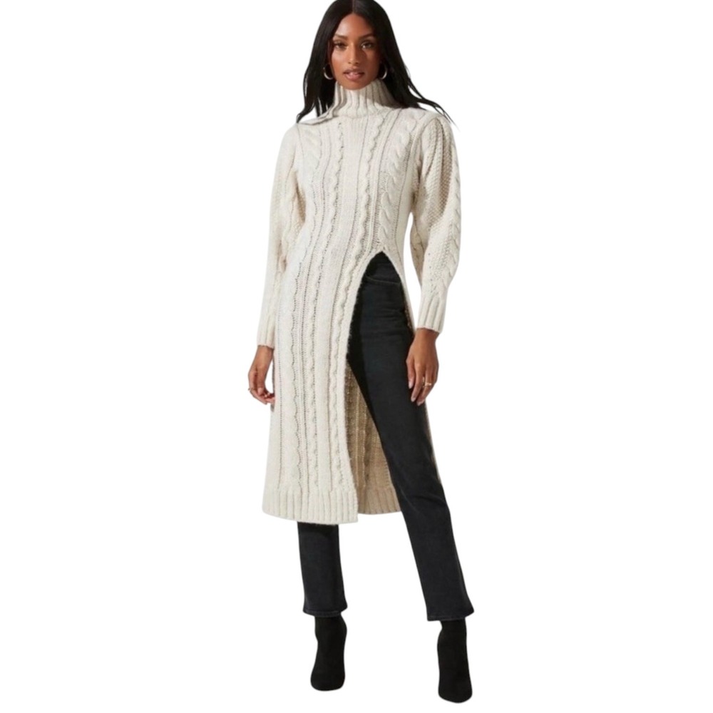 ASTR The Label Evangelina Cream Cable Knit Turtleneck High Slit Sweater Dress XS